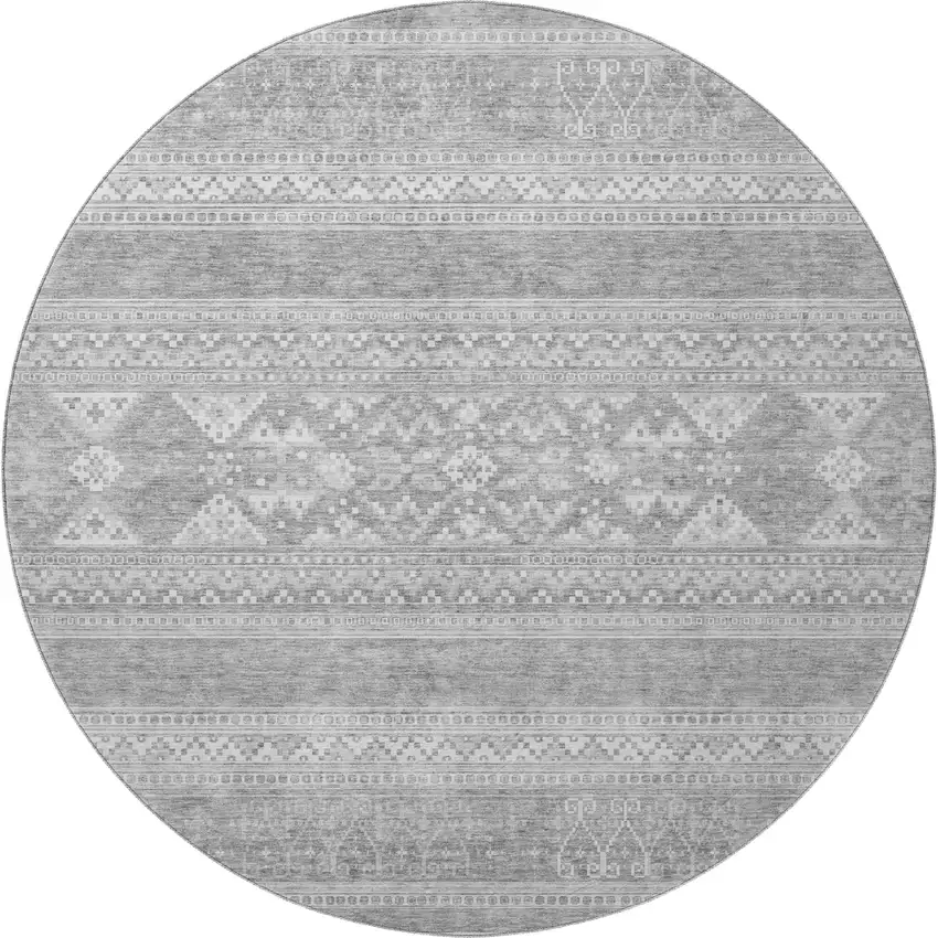 8' Silver And Gray Southwestern Washable Round Rug With UV Protection Photo 4