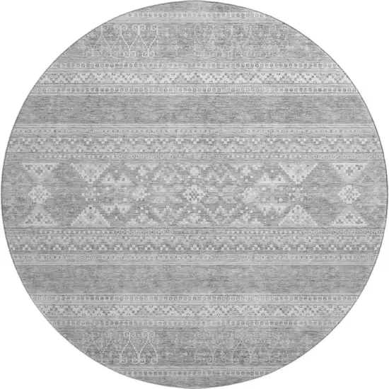 8' Silver And Gray Southwestern Washable Round Rug With UV Protection Photo 1