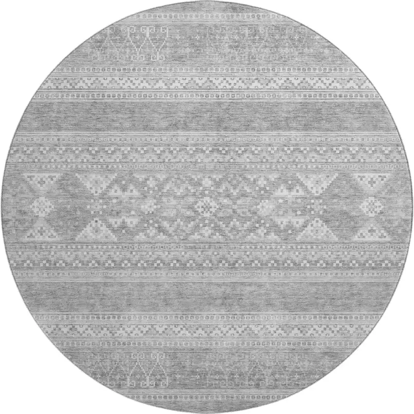 8' Silver And Gray Southwestern Washable Round Rug With UV Protection Photo 1