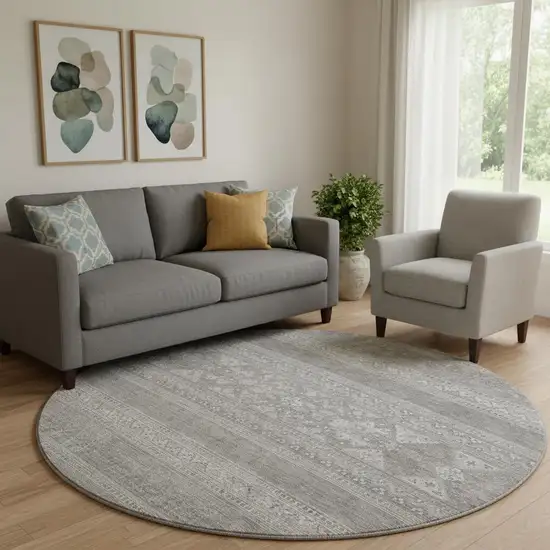 8' Silver And Gray Southwestern Washable Round Rug With UV Protection Photo 1