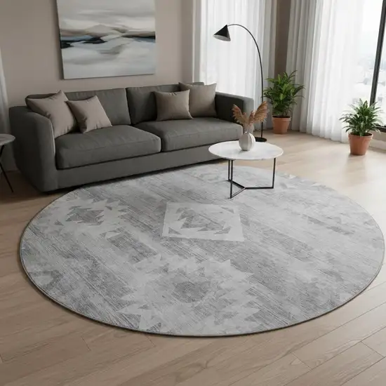 8' Silver And Gray Southwestern Washable Round Rug With UV Protection Photo 2