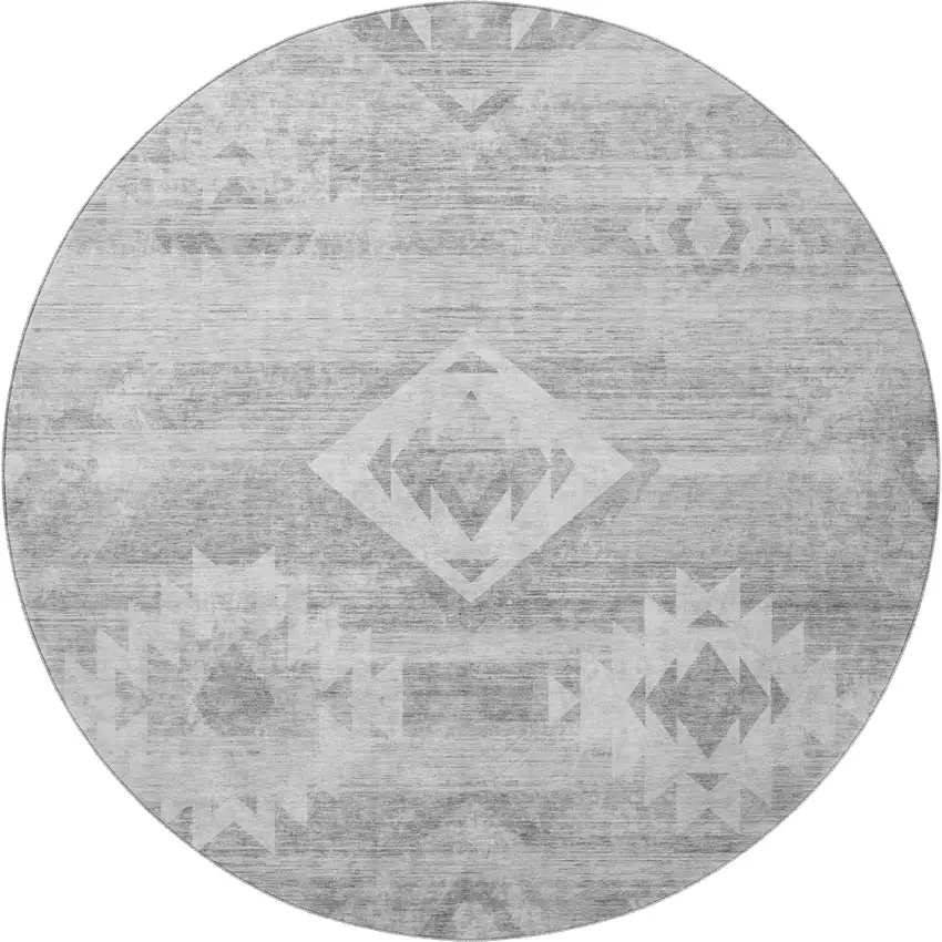8' Silver And Gray Southwestern Washable Round Rug With UV Protection Photo 4