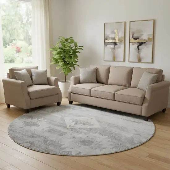 8' Silver And Gray Southwestern Washable Round Rug With UV Protection Photo 1