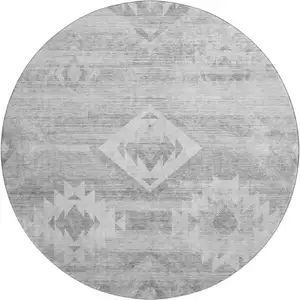 Photo of 8' Silver And Gray Southwestern Washable Round Rug With UV Protection