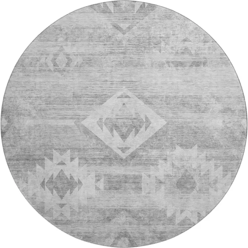 8' Silver And Gray Southwestern Washable Round Rug With UV Protection Photo 1