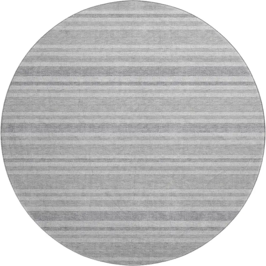 8' Silver And Gray Striped Washable Round Rug With UV Protection Photo 1