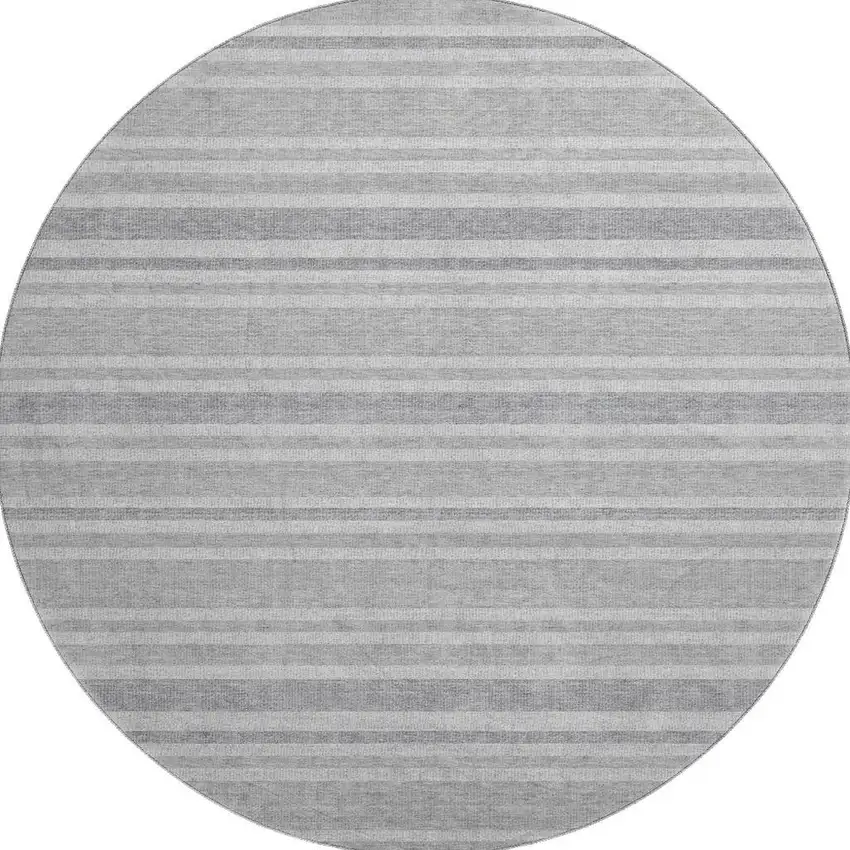 8' Silver And Gray Striped Washable Round Rug With UV Protection Photo 4