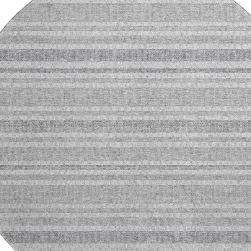 8' Silver And Gray Striped Washable Round Rug With UV Protection Photo 3