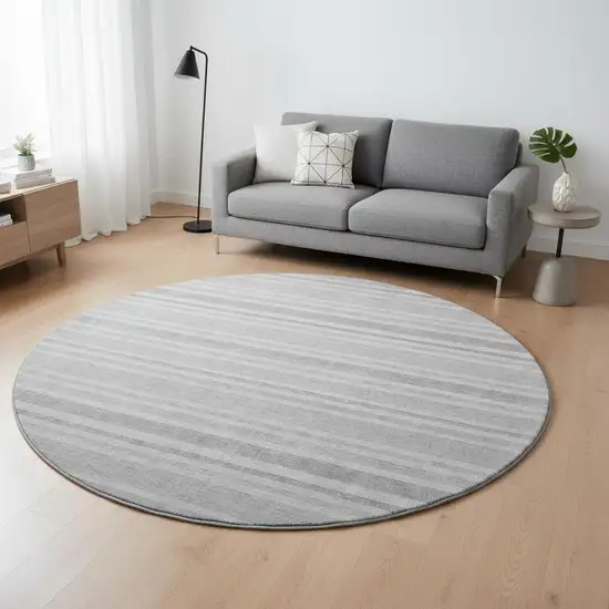8' Silver And Gray Striped Washable Round Rug With UV Protection Photo 2