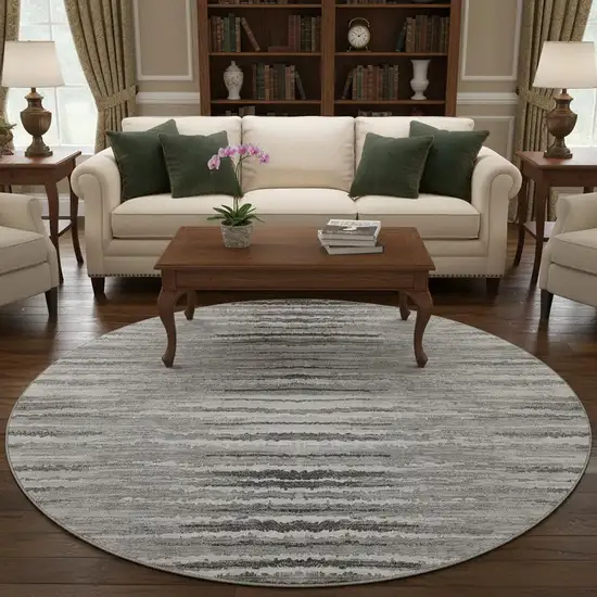 8' Silver And Gray Striped Washable Round Rug With UV Protection Photo 2