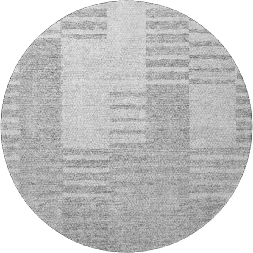 8' Silver And Gray Striped Washable Round Rug With UV Protection Photo 4