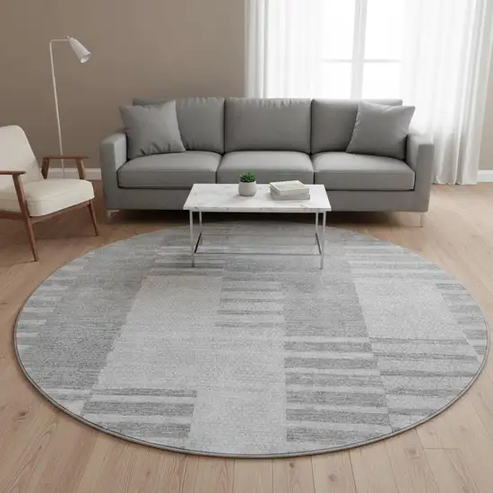 8' Silver And Gray Striped Washable Round Rug With UV Protection Photo 2