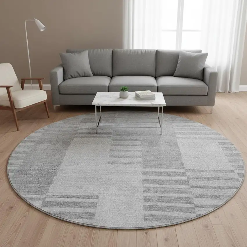 8' Silver And Gray Striped Washable Round Rug With UV Protection Photo 2