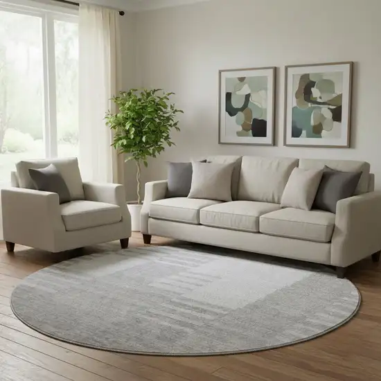 8' Silver And Gray Striped Washable Round Rug With UV Protection Photo 1