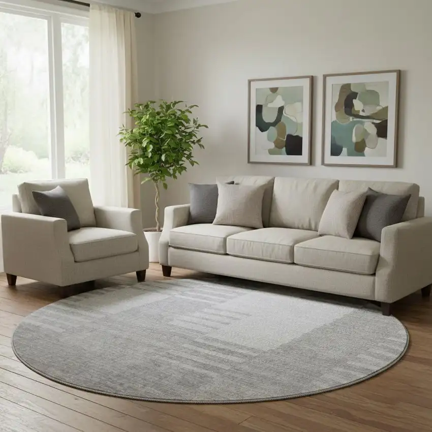 8' Silver And Gray Striped Washable Round Rug With UV Protection Photo 1