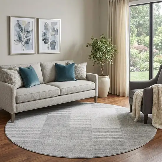 8' Silver And Gray Striped Washable Round Rug With UV Protection Photo 1