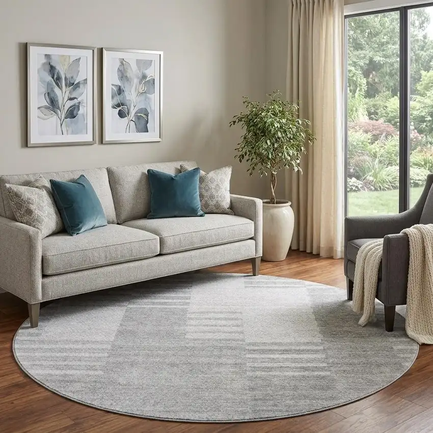 8' Silver And Gray Striped Washable Round Rug With UV Protection Photo 1