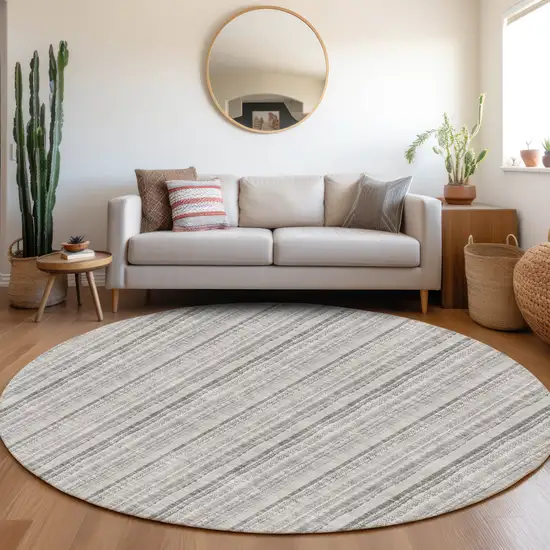 8' Silver And Gray Striped Washable Round Rug With UV Protection Photo 4
