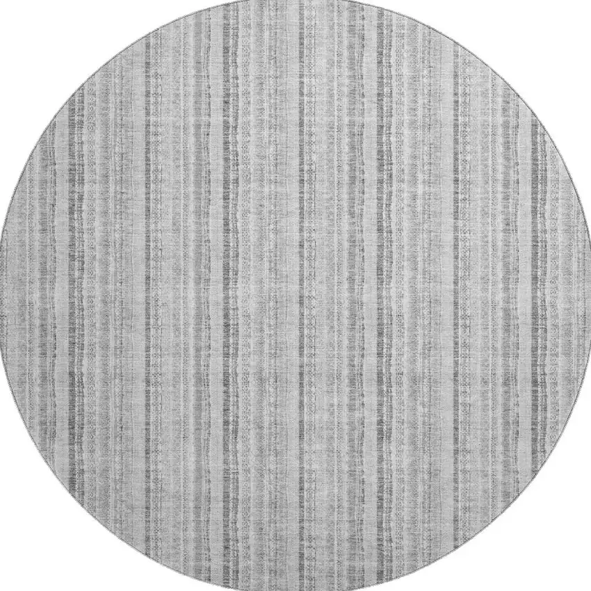 8' Silver And Gray Striped Washable Round Rug With UV Protection Photo 2