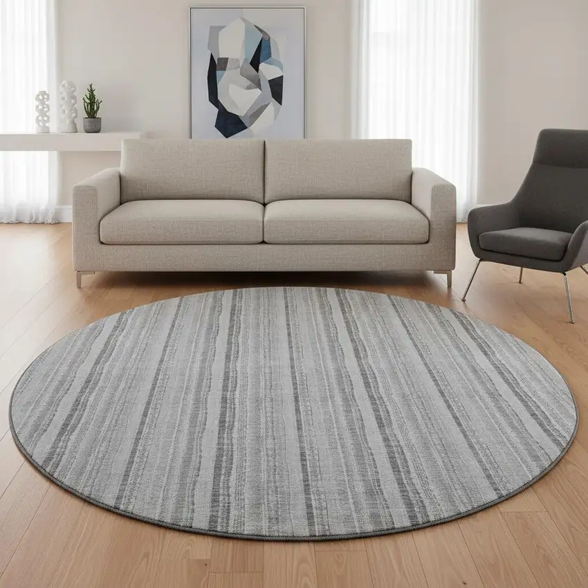 8' Silver And Gray Striped Washable Round Rug With UV Protection Photo 2