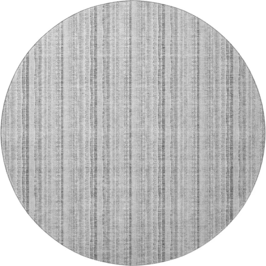 8' Silver And Gray Striped Washable Round Rug With UV Protection Photo 3