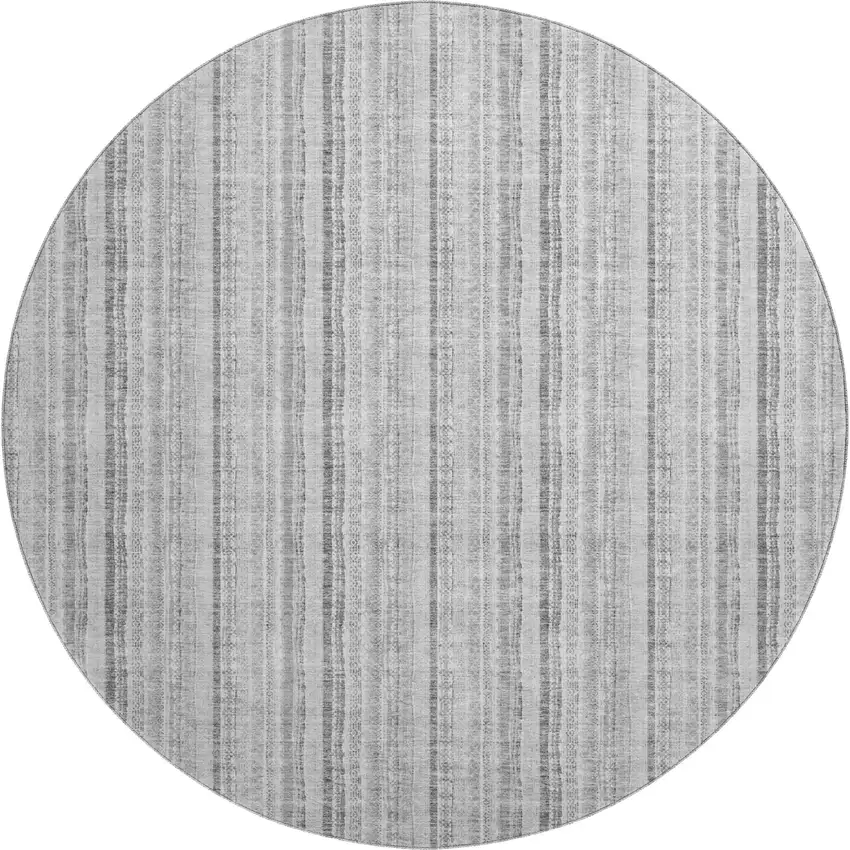 8' Silver And Gray Striped Washable Round Rug With UV Protection Photo 1