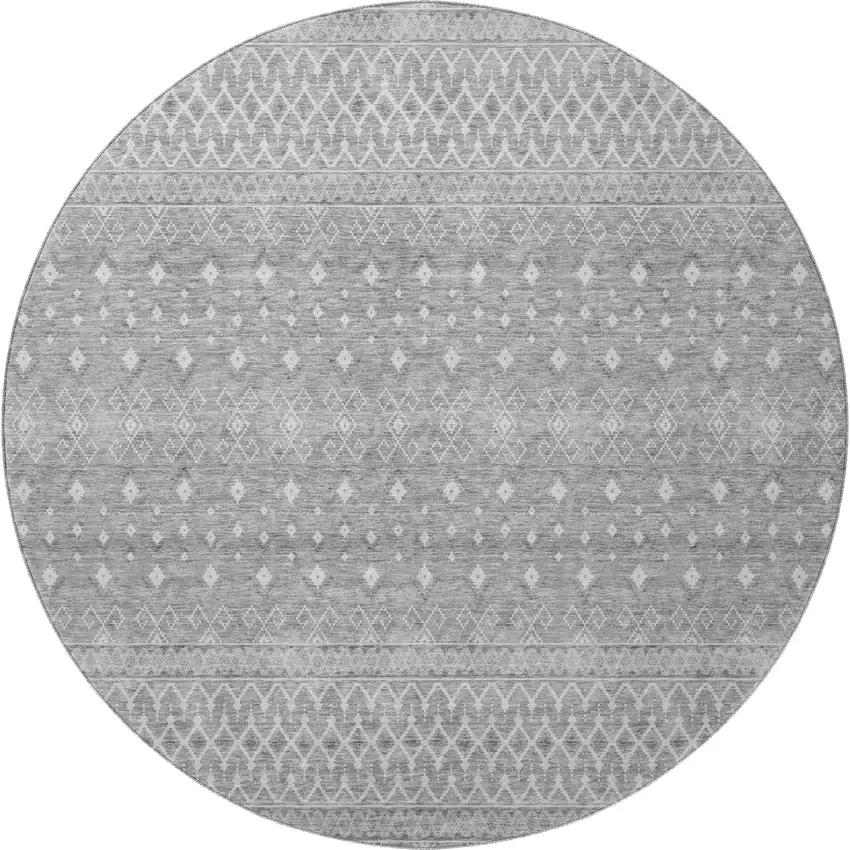 8' Silver And Gray Tribal Washable Round Rug With UV Protection Photo 5