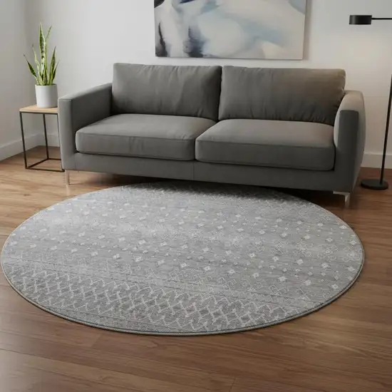 8' Silver And Gray Tribal Washable Round Rug With UV Protection Photo 3
