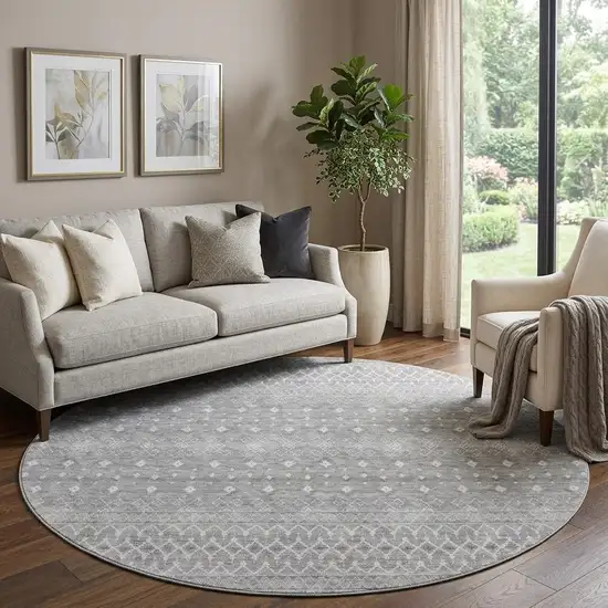 8' Silver And Gray Tribal Washable Round Rug With UV Protection Photo 1