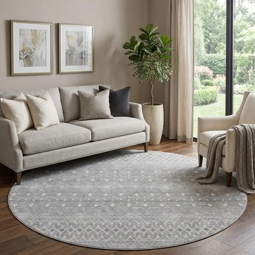 8' Silver And Gray Tribal Washable Round Rug With UV Protection Photo 1