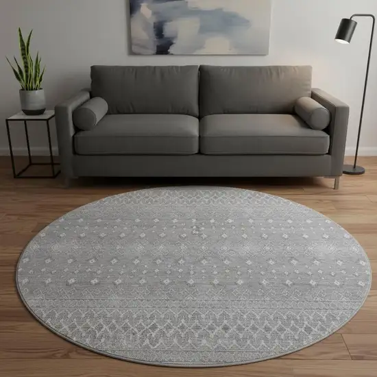 8' Silver And Gray Tribal Washable Round Rug With UV Protection Photo 2