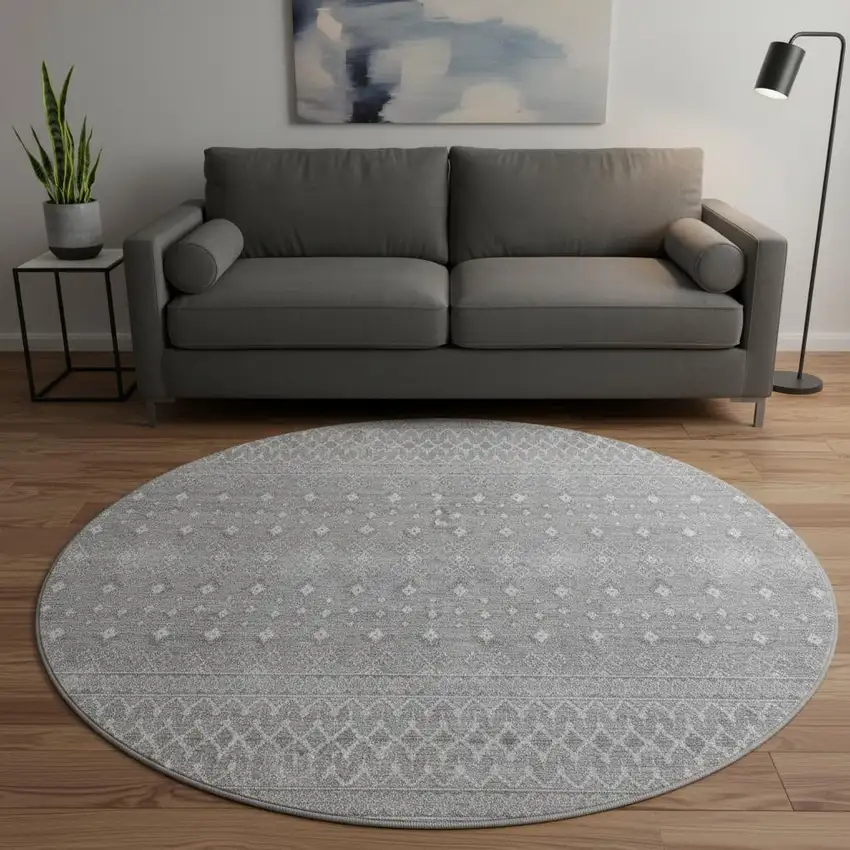 8' Silver And Gray Tribal Washable Round Rug With UV Protection Photo 2