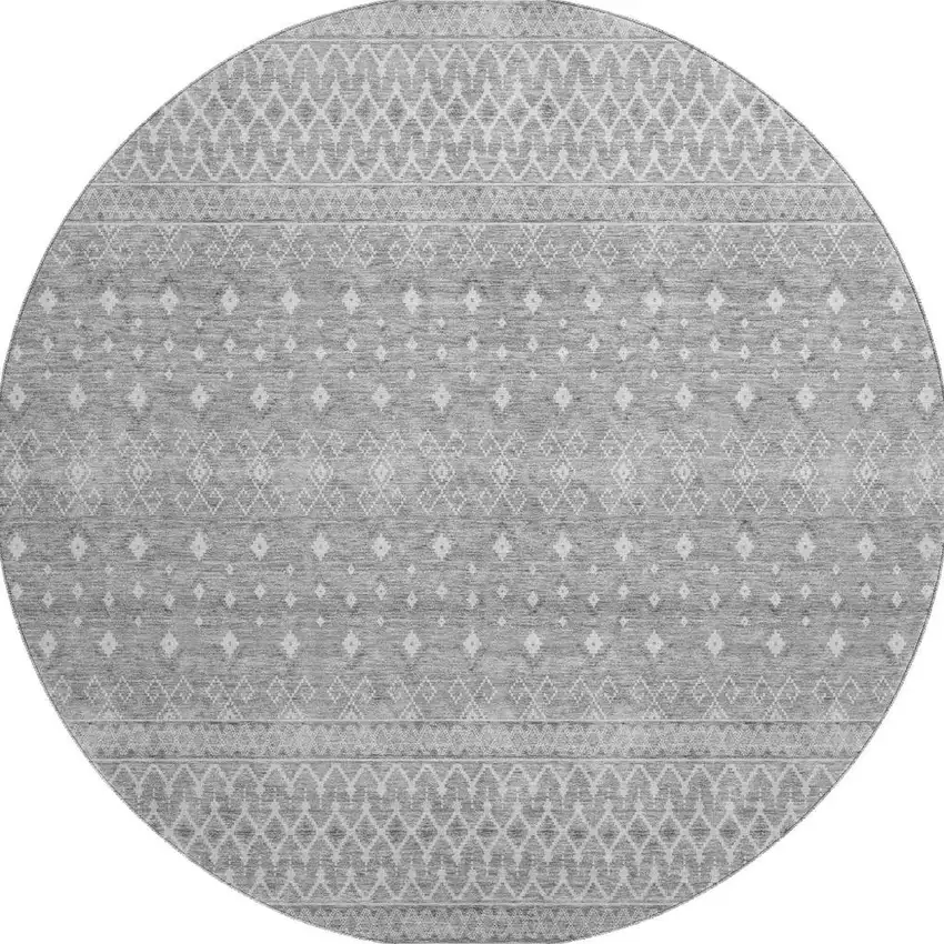 8' Silver And Gray Tribal Washable Round Rug With UV Protection Photo 4