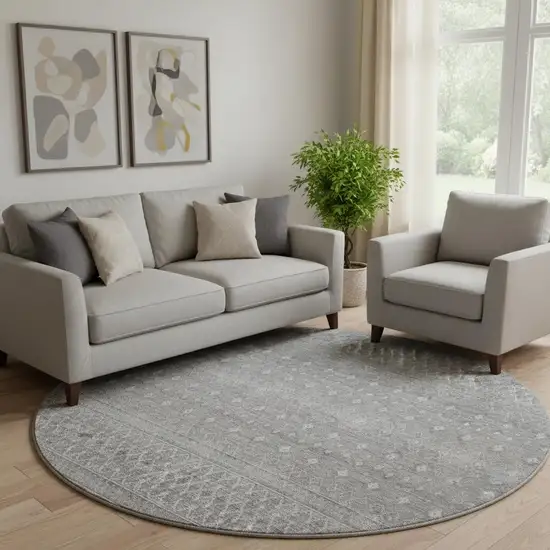 8' Silver And Gray Tribal Washable Round Rug With UV Protection Photo 1