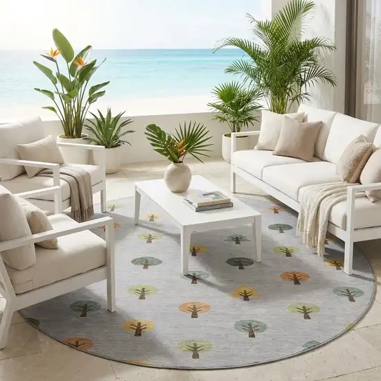 8' Silver And Green Round Geometric Washable Indoor Outdoor Area Rug Photo 1