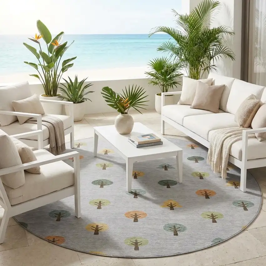 8' Silver And Green Round Geometric Washable Indoor Outdoor Area Rug Photo 1