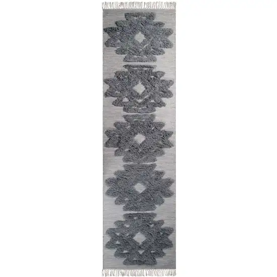 10' Silver And Grey Wool Geometric Flatweave Handmade Stain Resistant Runner Rug With Fringe Photo 1