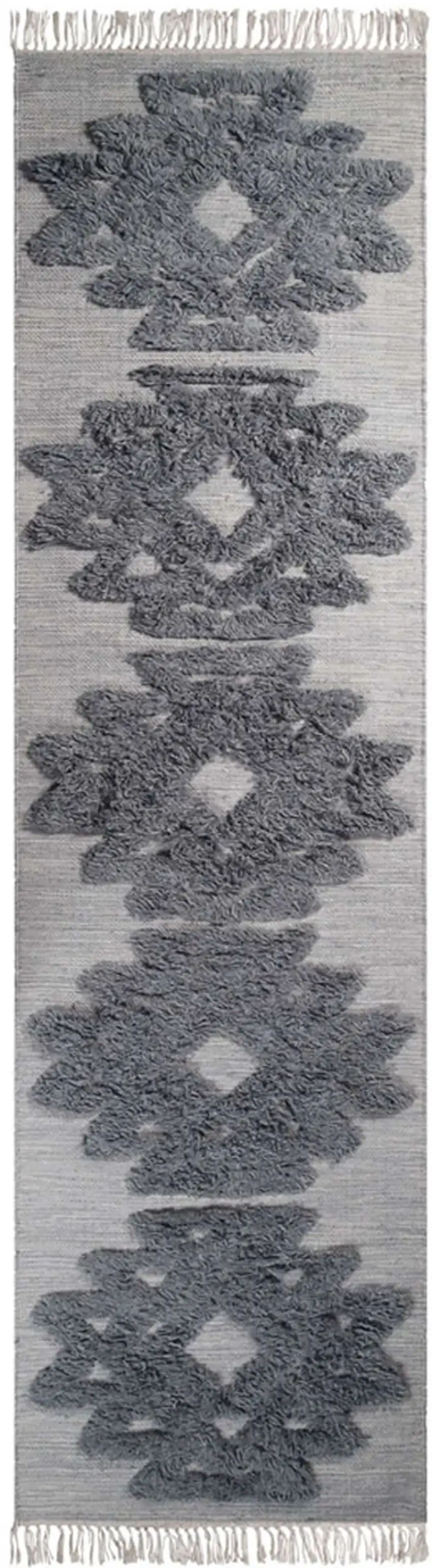 10' Silver And Grey Wool Geometric Flatweave Handmade Stain Resistant Runner Rug With Fringe Photo 1
