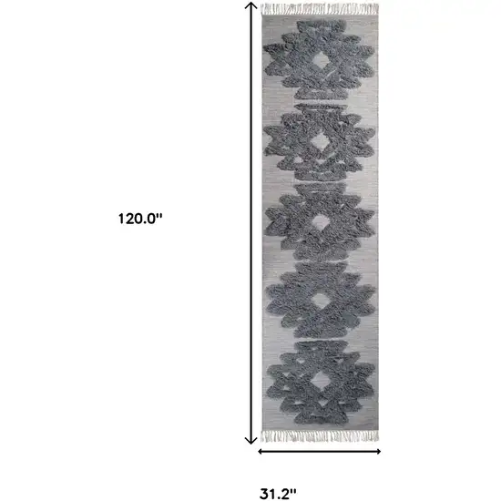10' Silver And Grey Wool Geometric Flatweave Handmade Stain Resistant Runner Rug With Fringe Photo 7