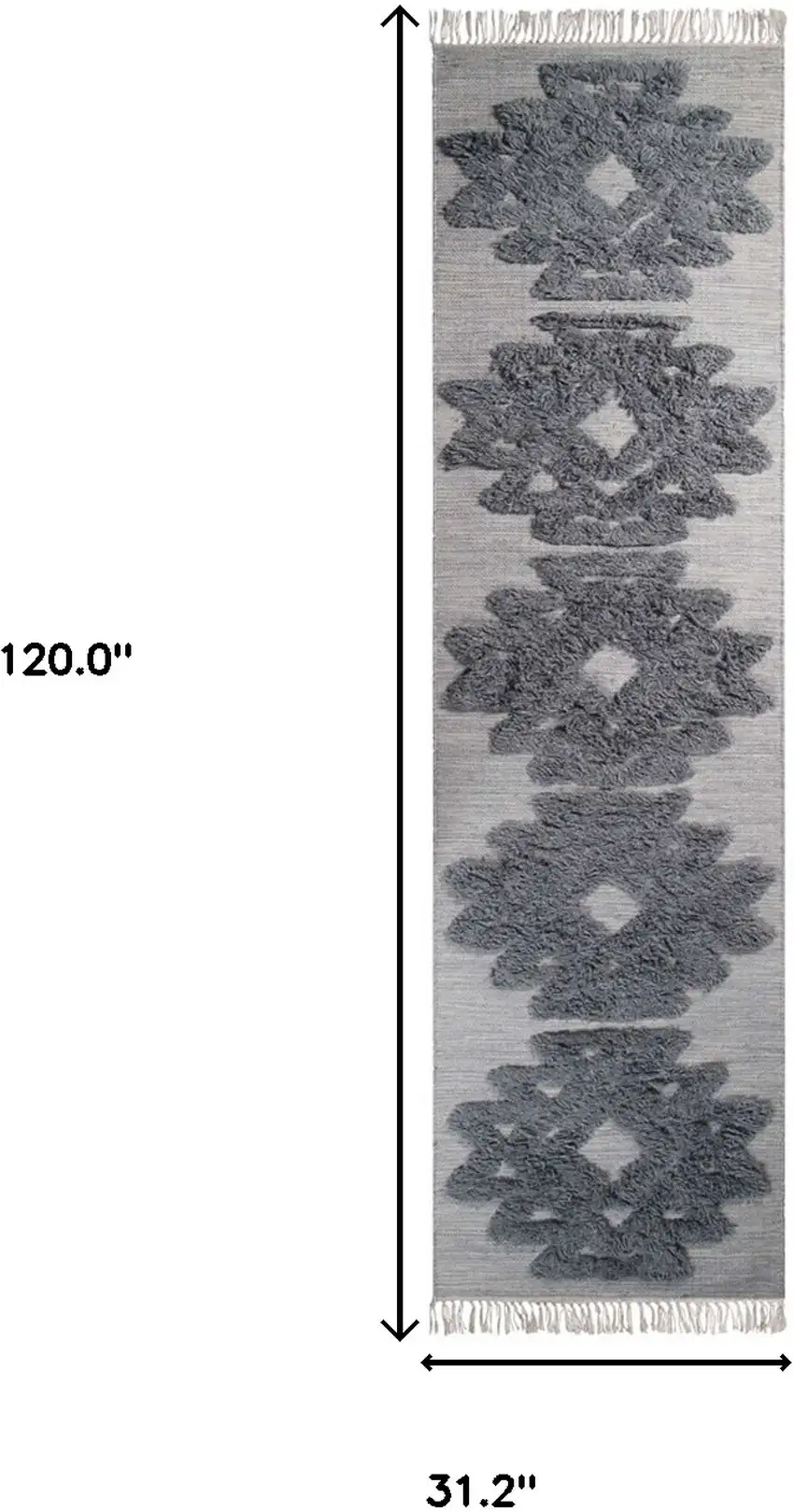 10' Silver And Grey Wool Geometric Flatweave Handmade Stain Resistant Runner Rug With Fringe Photo 7