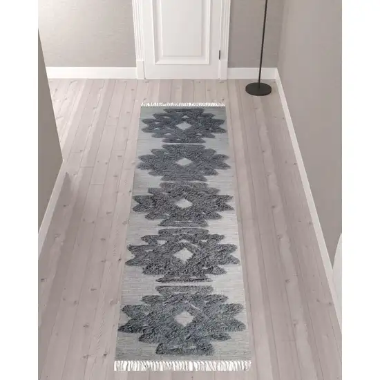 10' Silver And Grey Wool Geometric Flatweave Handmade Stain Resistant Runner Rug With Fringe Photo 2