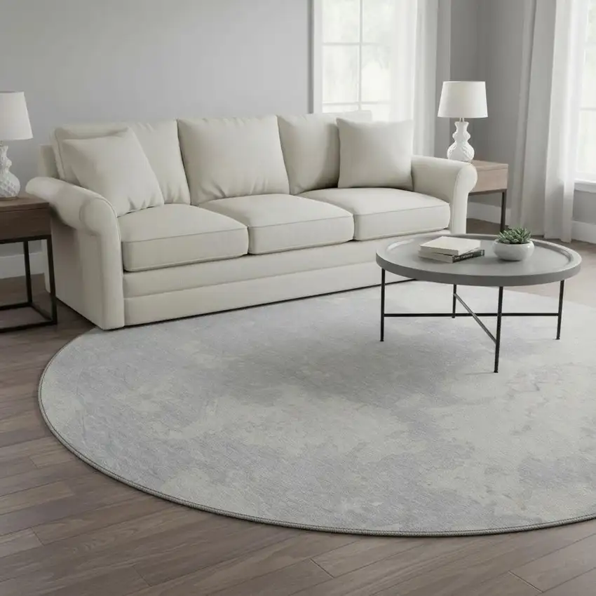 8' Silver And Ivory Abstract Washable Round Rug With UV Protection Photo 2