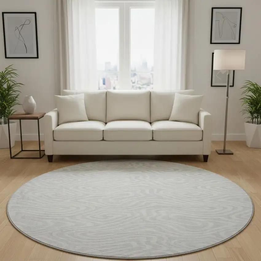 8' Silver And Ivory Abstract Washable Round Rug With UV Protection Photo 2