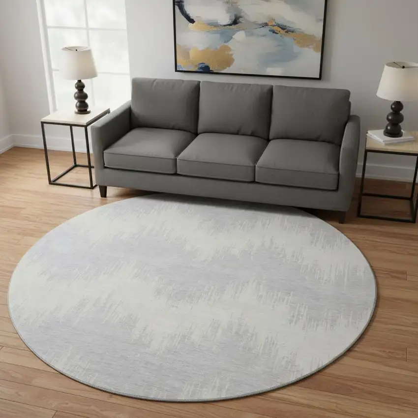 8' Silver And Ivory Chevron Washable Round Rug With UV Protection Photo 2