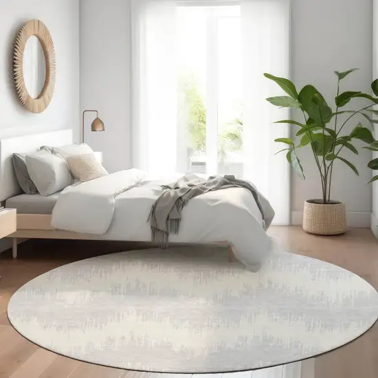 8' Silver And Ivory Chevron Washable Round Rug With UV Protection Photo 5