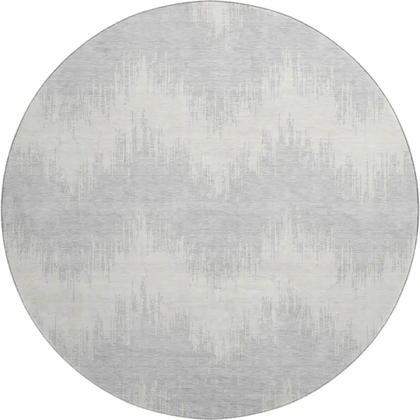 8' Silver And Ivory Chevron Washable Round Rug With UV Protection Photo 1