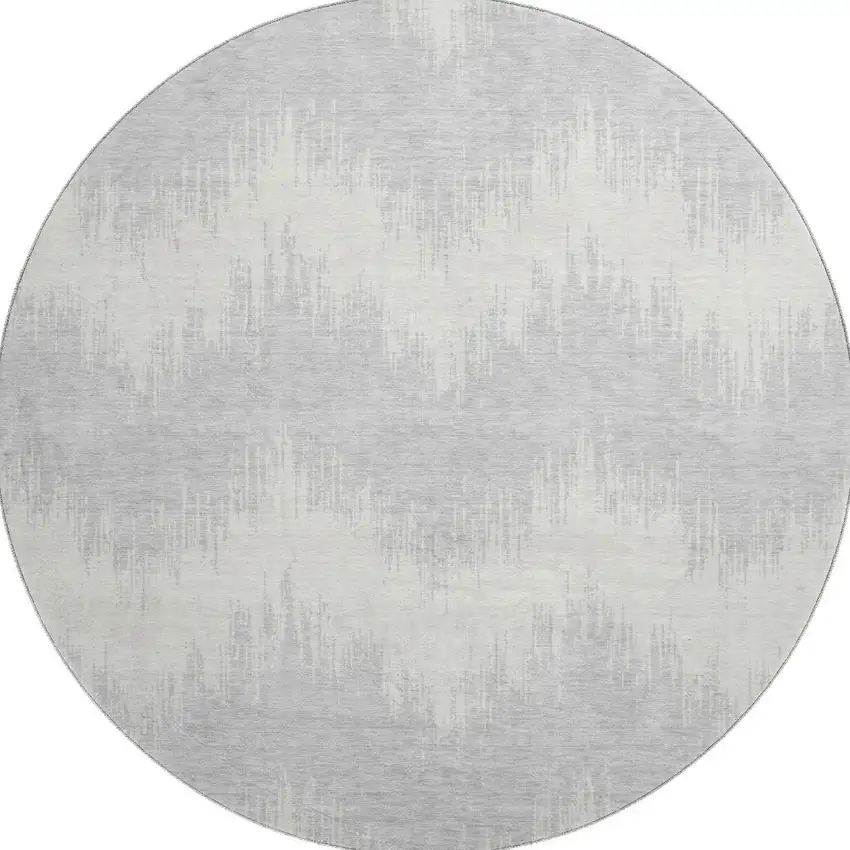 8' Silver And Ivory Chevron Washable Round Rug With UV Protection Photo 4