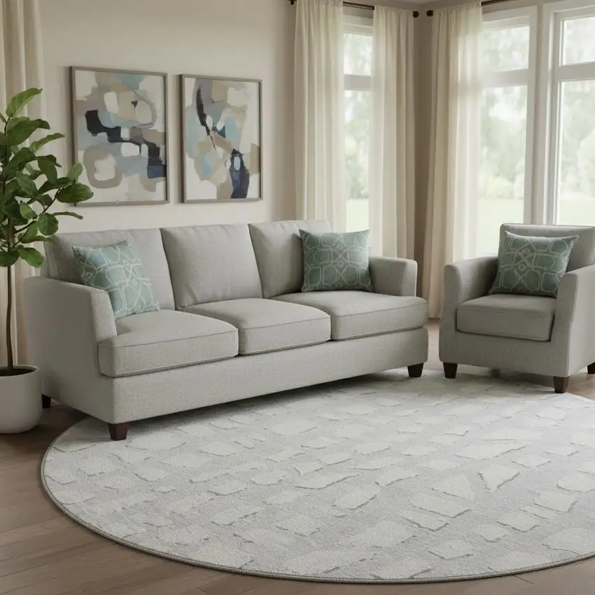 8' Silver And Ivory Cobblestone Washable Round Rug With UV Protection Photo 1