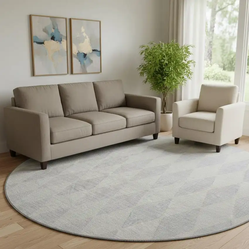 8' Silver And Ivory Diamond Washable Round Rug With UV Protection Photo 1