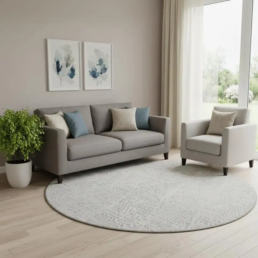 8' Silver And Ivory Diamond Washable Round Rug With UV Protection Photo 1